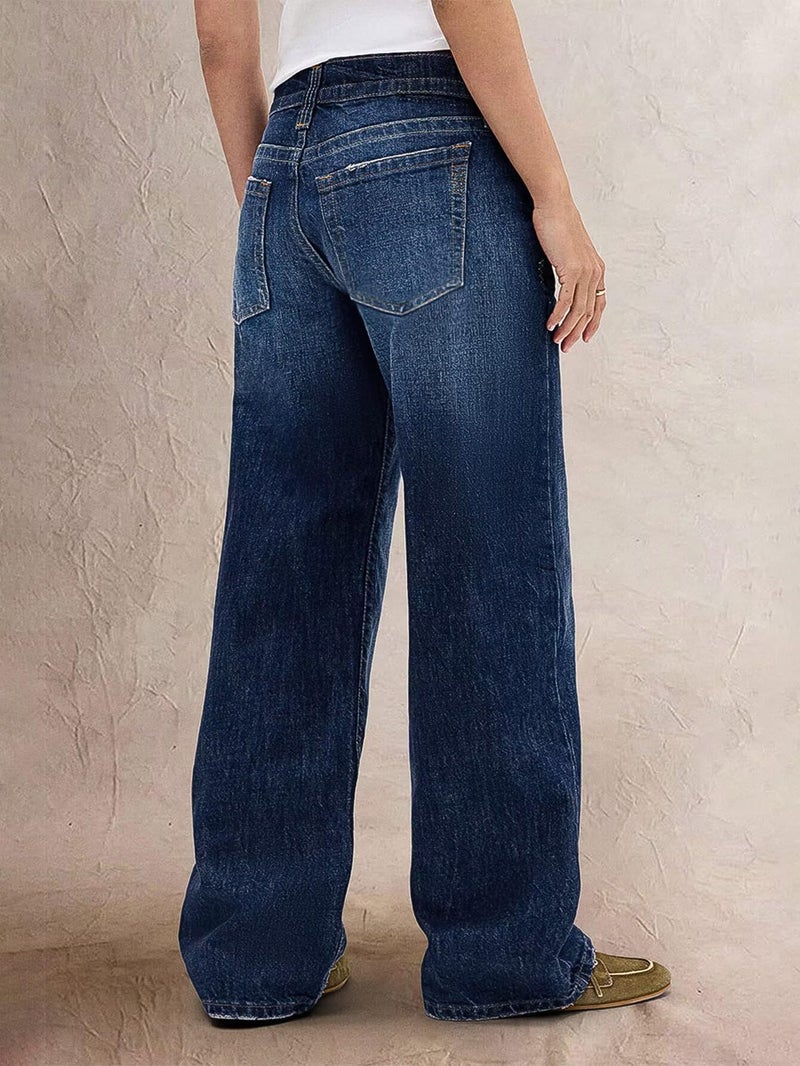 Flamingals Wide Leg Jeans for Women Mid Waist Baggy Stitch Decor Denim Washed Pants Without Belt Sapphire Blue L - Image 2