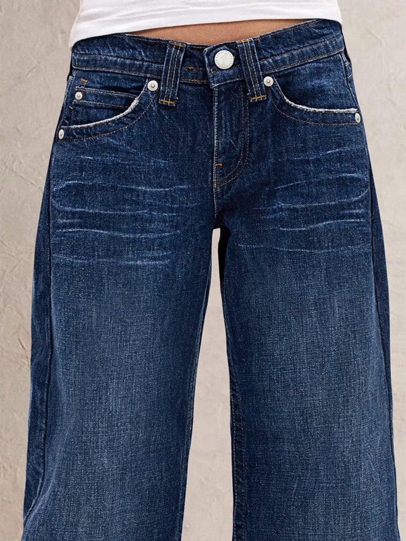 Flamingals Wide Leg Jeans for Women Mid Waist Baggy Stitch Decor Denim Washed Pants Without Belt Sapphire Blue L - Image 4