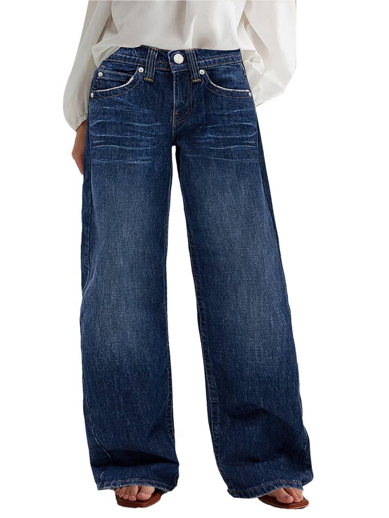 Flamingals Wide Leg Jeans for Women Mid Waist Baggy Stitch Decor Denim Washed Pants Without Belt Sapphire Blue L - Image 1