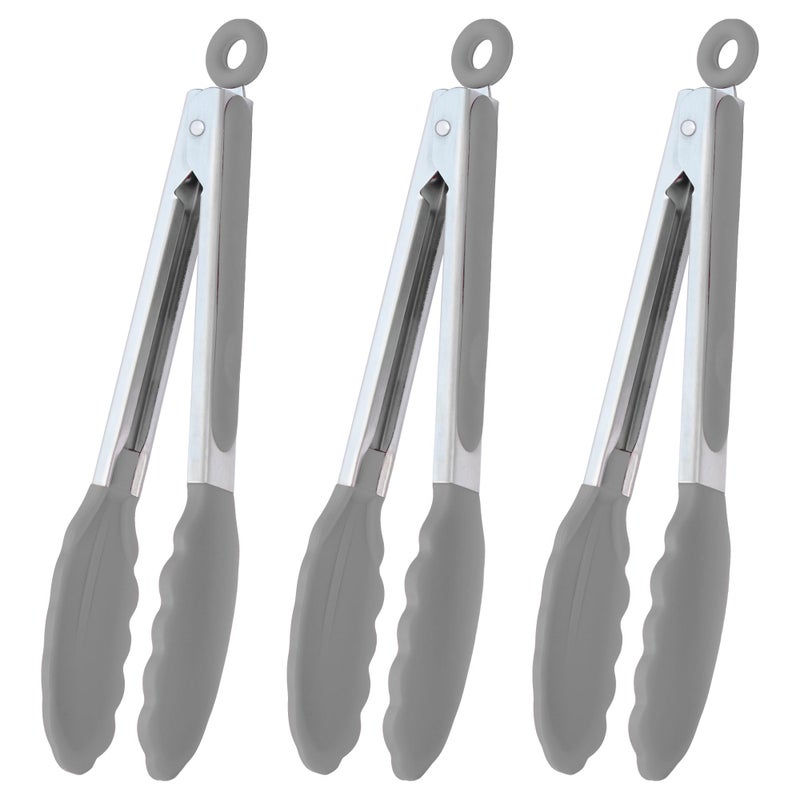 HINMAY Locking Kitchen Tongs with Silicon Tips 9Inch Stainless Steel Grilling Tongs Set of 3 Gray