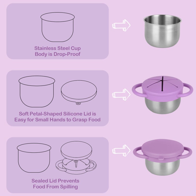 Daximo 2 Pack Snack Cups for Toddlers Spill Proof - Detachable Stainless Steel Toddler Snack Cups with Silicone Lids & Handles - Dishwasher Safe Baby Snack Containers for Mess-Free Snacking (Red and Purple) - Image 3