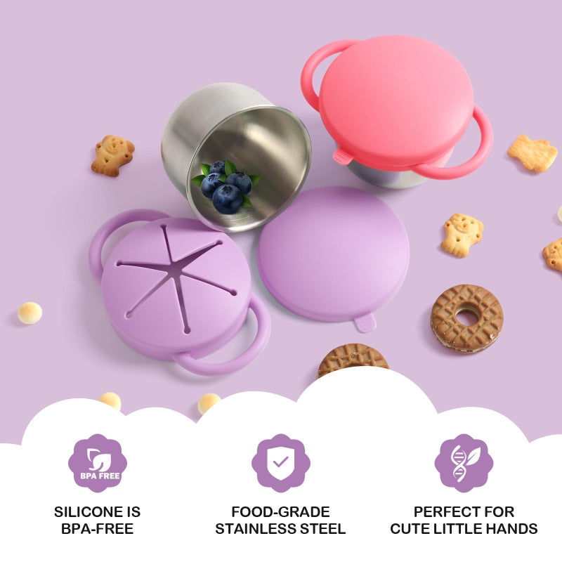 Daximo 2 Pack Snack Cups for Toddlers Spill Proof - Detachable Stainless Steel Toddler Snack Cups with Silicone Lids & Handles - Dishwasher Safe Baby Snack Containers for Mess-Free Snacking (Red and Purple) - Image 4