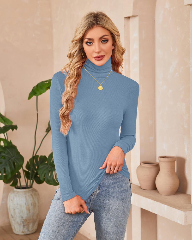 Herou Womens Turtleneck Long Sleeve Slim Fitted Lightweight Casual Active Layer 2 Pack Tops Shirts Black,Haze Blue Small - Image 3