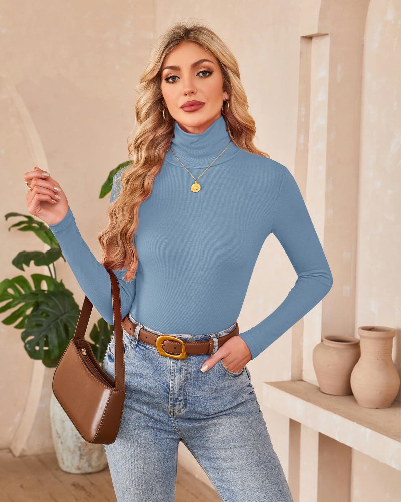Herou Womens Turtleneck Long Sleeve Slim Fitted Lightweight Casual Active Layer 2 Pack Tops Shirts Black,Haze Blue Small - Image 4