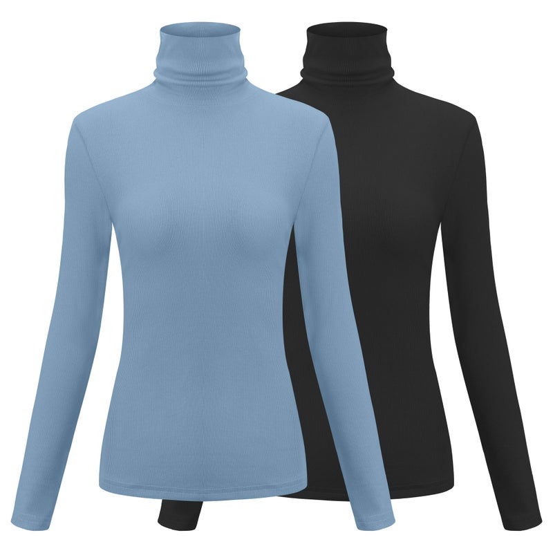 Herou Womens Turtleneck Long Sleeve Slim Fitted Lightweight Casual Active Layer 2 Pack Tops Shirts Black,Haze Blue Small - Image 1