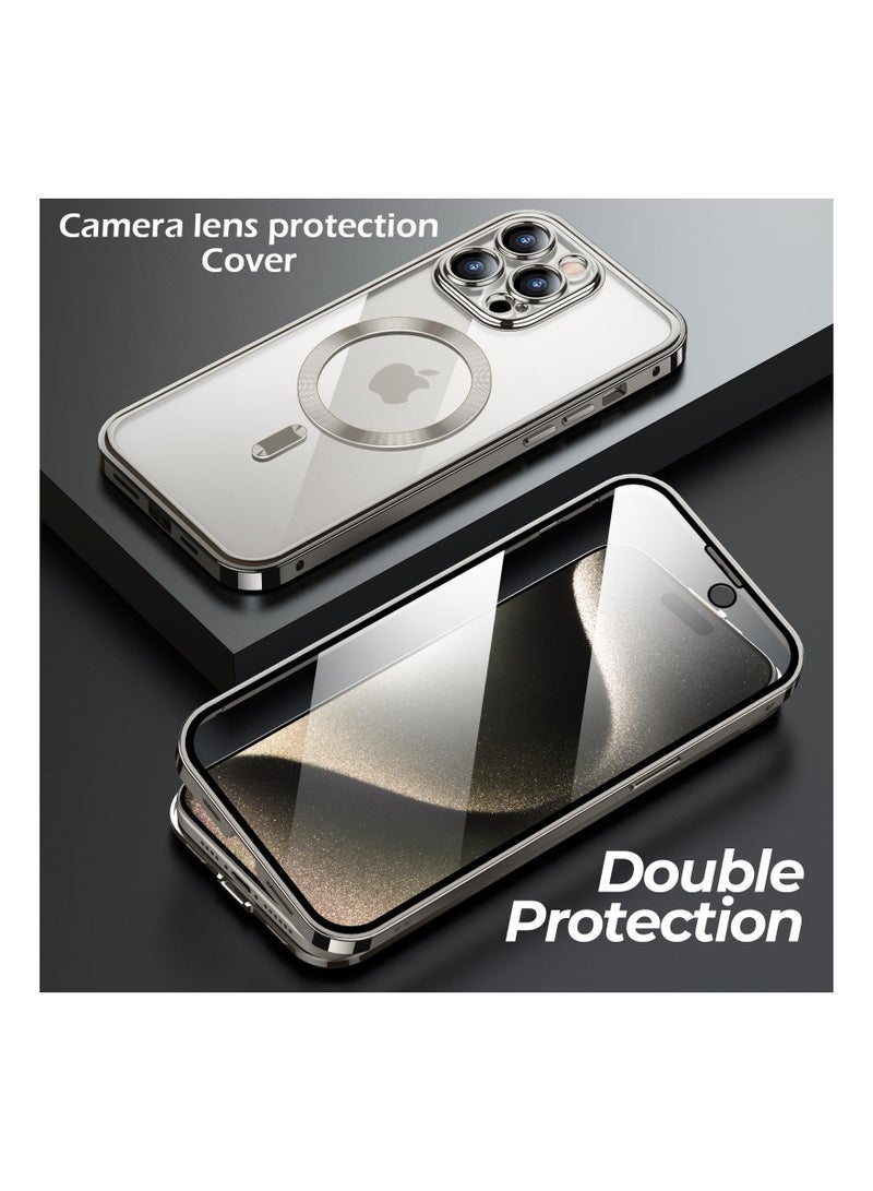 SYOSI Double-Sided Magnetic for iPhone 15 Pro Max Case, Full-Coverage Protective Case for iPhone 15 Pro Max with Metal Glass Screen Protector Buckle and Camera Lens Protector - Natural Titanium - Image 2