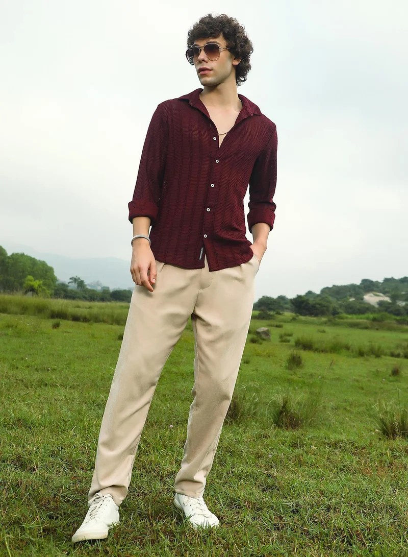 كامبوس سوترا Men's Wine Red Wicker-Tactile Shirt