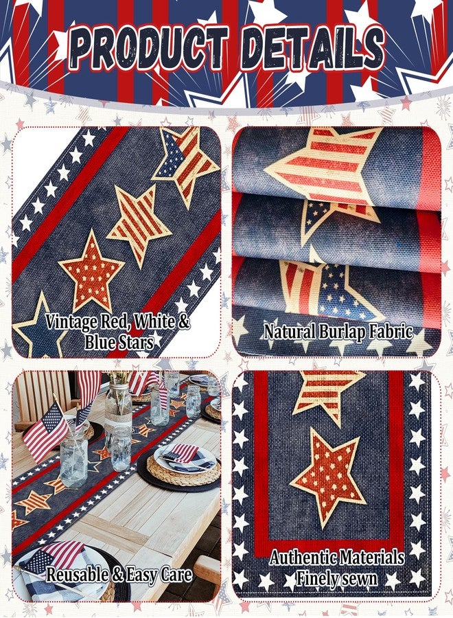 Geodurn 72 x 13 Inches Vintage Patriotic Star Table Runner, Retro Red, White, and Blue Stars Design for Independence Day, 4th of July, Memorial Day, Americana Home Table Decor - Image 3