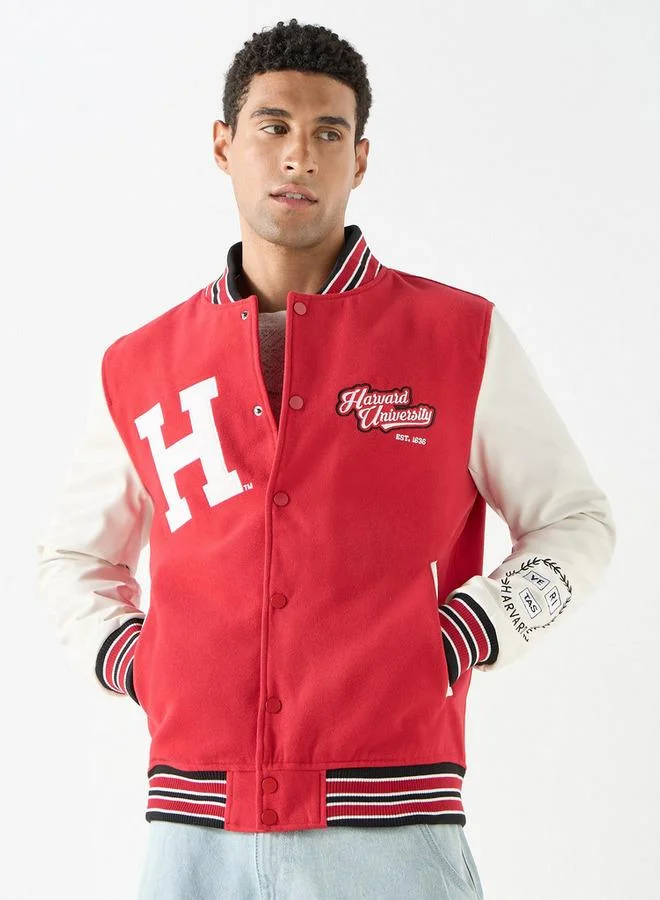 Harvard University Logo Detail Button Through Bomber Jacket with Pockets