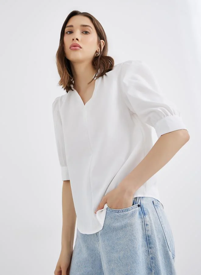 Take Two Styli Women White Puff Sleeve Blouse