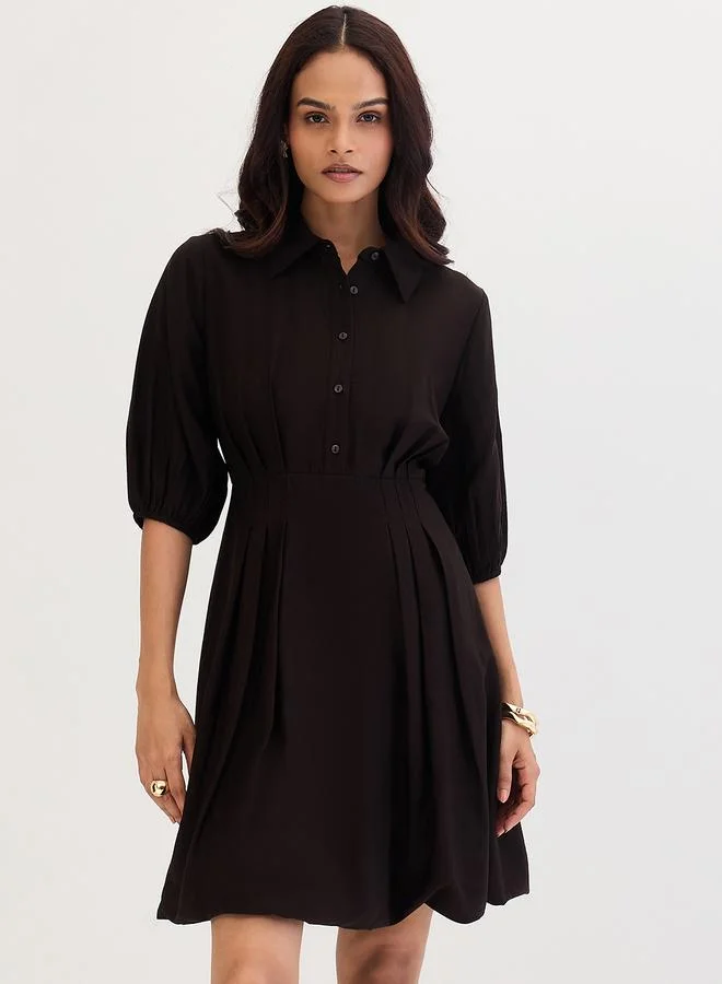 Femmella Femmella Black Shirt Mini Dress with Fold Pleat Detail