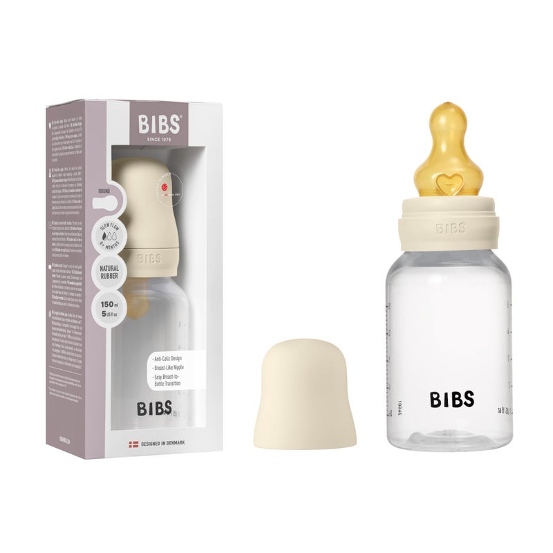 BIBS Baby Bottle 5 oz / 150 ml Natural Rubber Latex Nipple - Anti-Colic, BPA-Free, Round Nipple, Slow Flow, Lightweight & Easy to Clean, Suitable for Newborns 0+ Years - Ivory - Image 1