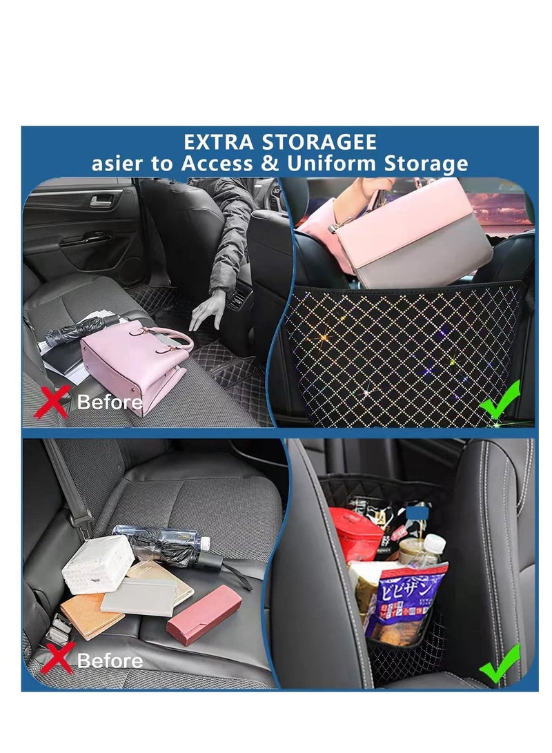 SYOSI Car Handbag Purse Holder for Cars Front Seat, Seat Storage Mesh Net Bag Pocket for Car Between Seats, Car Organizer Bags Automotive Accessory for Women, Velvet Fabric, Colorful Hot Rhinestones  - Image 5