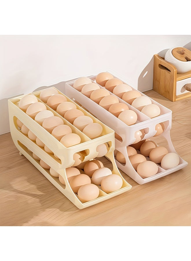 عربست صندوق تخزين بيض بثلاث طبقات، انزلاق تلقائي، بتصميم صفين - صينية تنظيم بيض متعددة الوظائف، خالية من مادة BPA، للاستخدام المنزلي (أصفر، أبيض) - Image 1