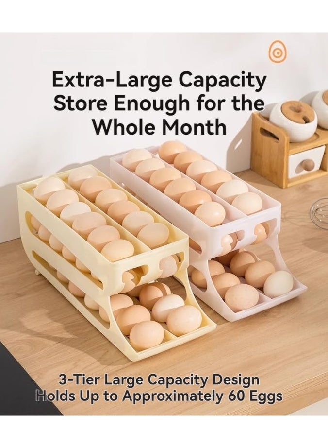 عربست صندوق تخزين بيض بثلاث طبقات، انزلاق تلقائي، بتصميم صفين - صينية تنظيم بيض متعددة الوظائف، خالية من مادة BPA، للاستخدام المنزلي (أصفر، أبيض) - Image 3