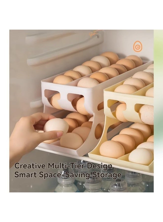 عربست صندوق تخزين بيض بثلاث طبقات، انزلاق تلقائي، بتصميم صفين - صينية تنظيم بيض متعددة الوظائف، خالية من مادة BPA، للاستخدام المنزلي (أصفر، أبيض) - Image 4