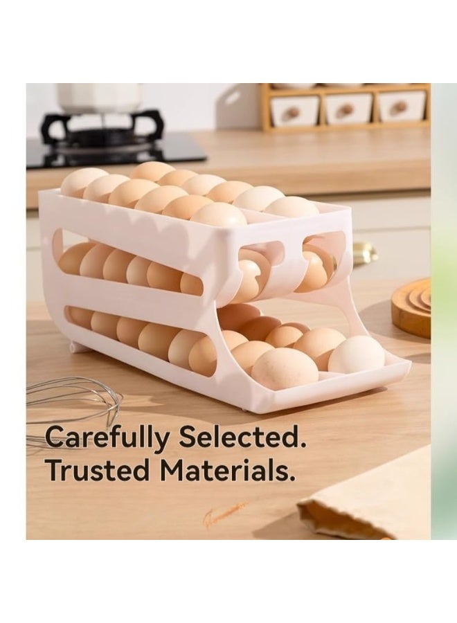 عربست صندوق تخزين بيض بثلاث طبقات، انزلاق تلقائي، بتصميم صفين - صينية تنظيم بيض متعددة الوظائف، خالية من مادة BPA، للاستخدام المنزلي (أصفر، أبيض) - Image 2