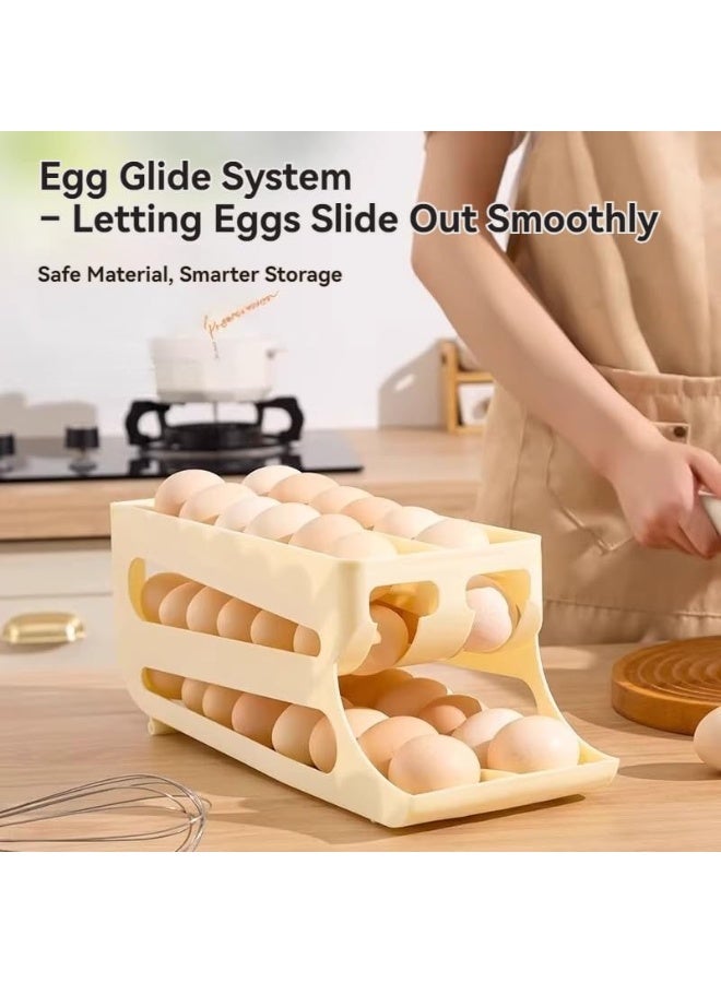 عربست صندوق تخزين بيض بثلاث طبقات، انزلاق تلقائي، بتصميم صفين - صينية تنظيم بيض متعددة الوظائف، خالية من مادة BPA، للاستخدام المنزلي (أصفر، أبيض) - Image 5