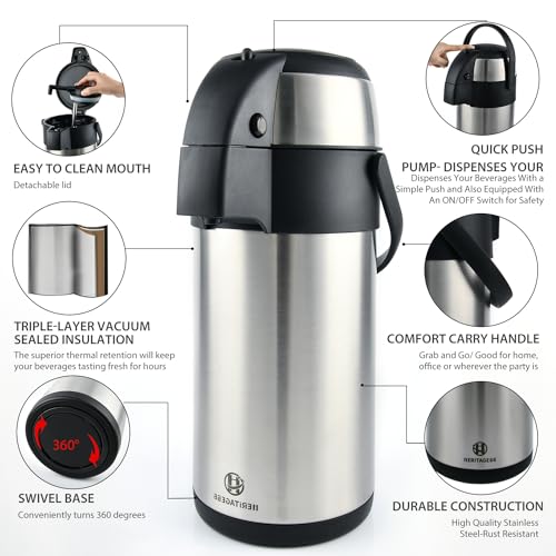 Heritage66 Heritage 66 Stainless Steel Thermal Coffee Carafe Airpot Dispenser Triple Wall Thermal Vacuum insulated 12 hours heat Retention 24 hours cold Retention (3 liters) - Image 5