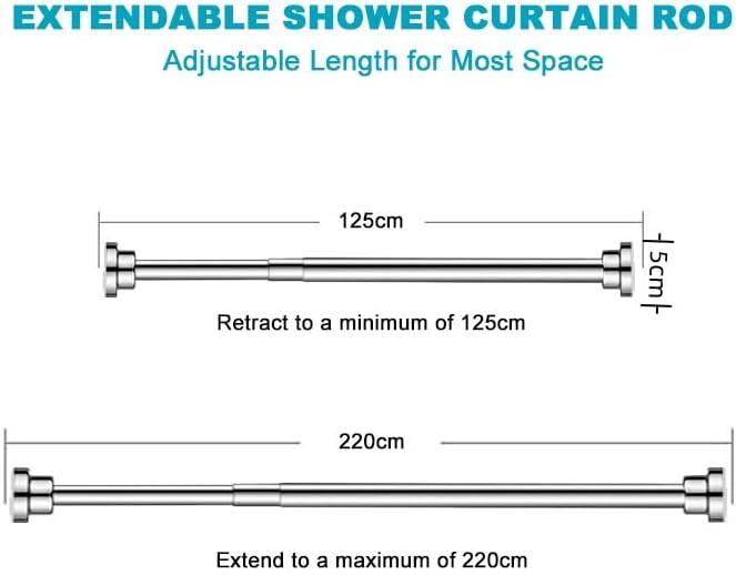 BLYPHOO Shower Curtain Rod: Tension Adjustable Non-Slip Curtain Rod– Never Rust 304 Stainless Steel, Bathroom Telescopic Tension Spring Curtain Pole – No Drilling Extendable Clothes Rail (125-220cm) - Image 5
