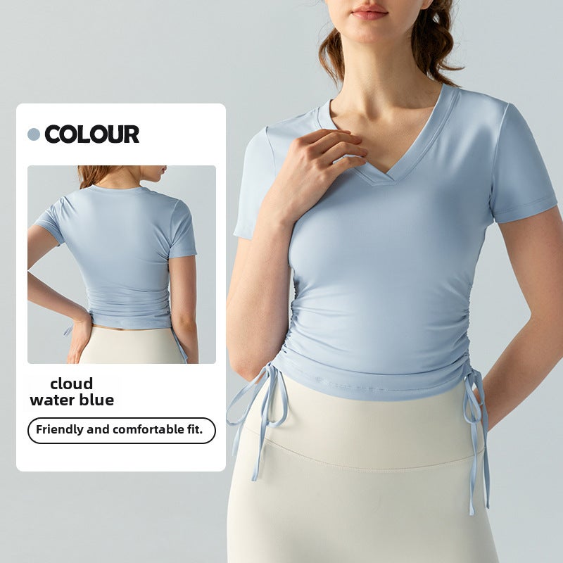 Generic Spring Summer Yoga Top Short Sleeve Ruched Sports Tee cloud water blue 