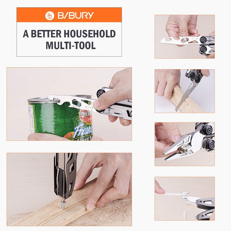 BIBURY أداة متعددة الوظائف BIBURY، 18 في 1 مع مقبض مطلي بالتيتانيوم ومطرقة أمان، تصميم قفل أمان، أداة سكين جيب من الفولاذ المقاوم للصدأ للاستخدام الخارجي، البقاء، التخييم، المشي، إصلاح المنزل - Image 4