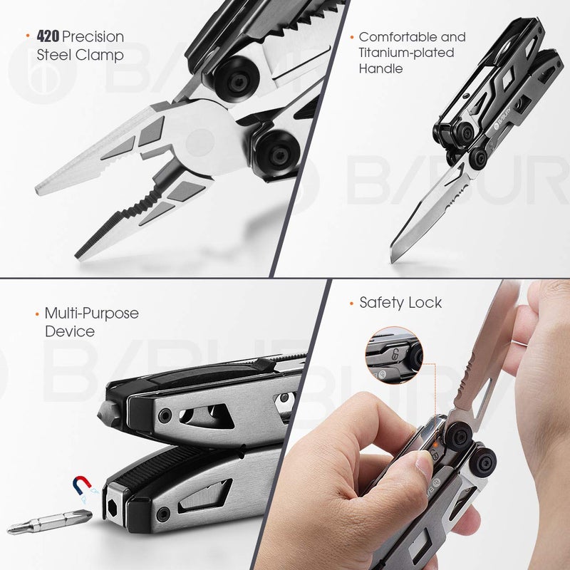 BIBURY أداة متعددة الوظائف BIBURY، 18 في 1 مع مقبض مطلي بالتيتانيوم ومطرقة أمان، تصميم قفل أمان، أداة سكين جيب من الفولاذ المقاوم للصدأ للاستخدام الخارجي، البقاء، التخييم، المشي، إصلاح المنزل - Image 5