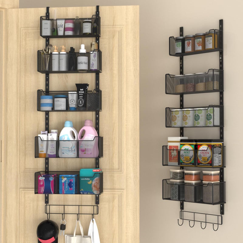 VyGrow Over The Door Organizer Metal Door Organizer Hanging with 5 Adjustable Baskets and Coat Hook Behind The Door Storage for Bedroom Closet Bathroom Pantry Cabinet Kitchen Black