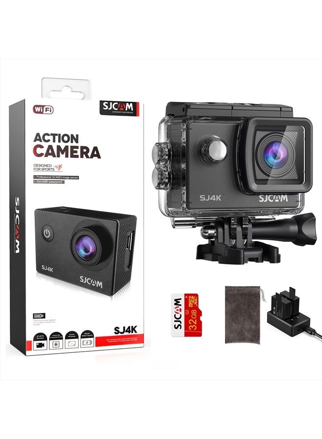 SJCAM كاميرا أكشن SJ4000 4K30fps مع واي فاي، صورة UHD بدقة 40MP، زاوية رؤية 170°، زوم رقمي 5X، تثبيت، كاميرا مقاومة للماء حتى عمق 98 قدم مع بطاريتين، بطاقة SD سعة 32G ومجموعة ملحقات لتثبيت الخوذة - Image 1