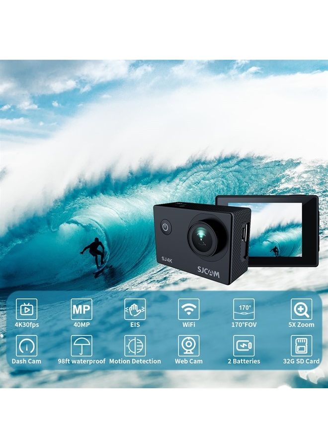 SJCAM كاميرا أكشن SJ4000 4K30fps مع واي فاي، صورة UHD بدقة 40MP، زاوية رؤية 170°، زوم رقمي 5X، تثبيت، كاميرا مقاومة للماء حتى عمق 98 قدم مع بطاريتين، بطاقة SD سعة 32G ومجموعة ملحقات لتثبيت الخوذة - Image 2