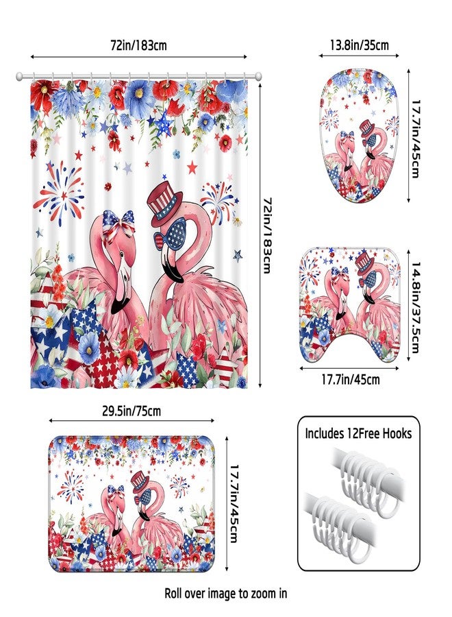 Ticuenicoa 4 Pcs Independence Day Flamingo Shower Curtain Set, 72x72 Inch 4th of July Patriotic Bathroom Decor with Bath Mat, U-Shape Rug, Toilet Lid Cover & 12 Hooks, Waterproof and Anti-Slip - Image 3
