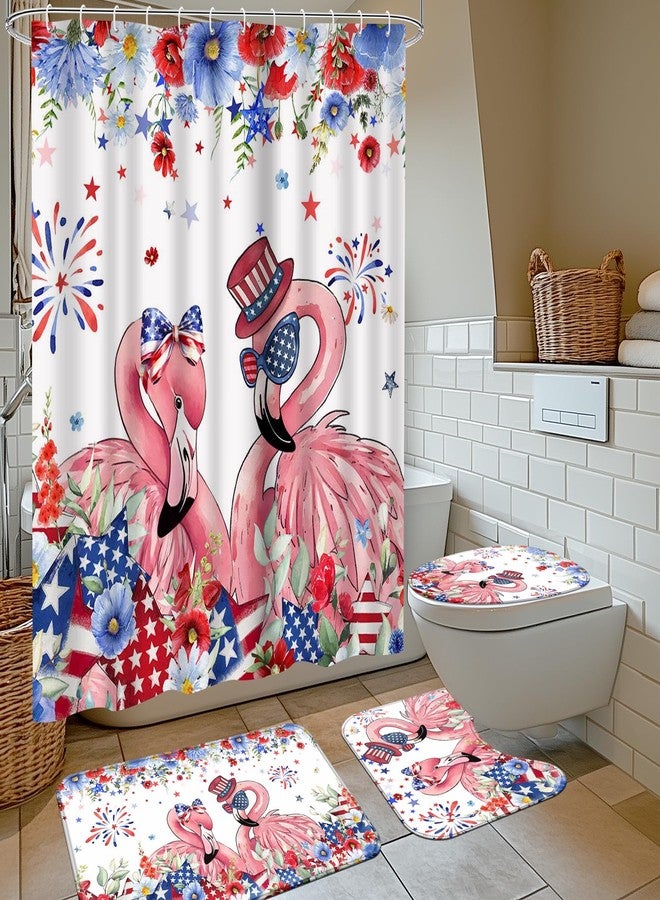 Ticuenicoa 4 Pcs Independence Day Flamingo Shower Curtain Set, 72x72 Inch 4th of July Patriotic Bathroom Decor with Bath Mat, U-Shape Rug, Toilet Lid Cover & 12 Hooks, Waterproof and Anti-Slip - Image 2