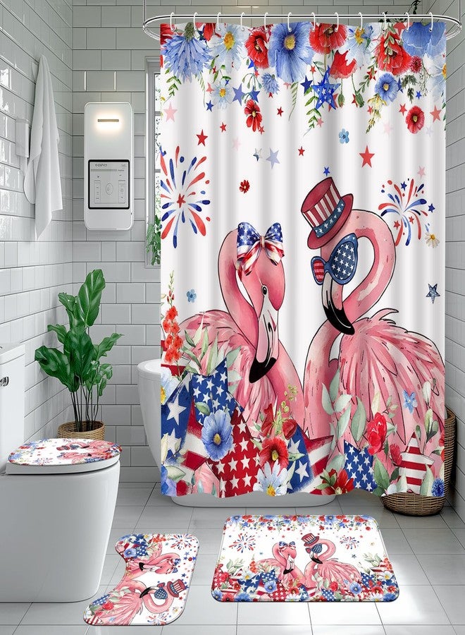 Ticuenicoa 4 Pcs Independence Day Flamingo Shower Curtain Set, 72x72 Inch 4th of July Patriotic Bathroom Decor with Bath Mat, U-Shape Rug, Toilet Lid Cover & 12 Hooks, Waterproof and Anti-Slip - Image 1
