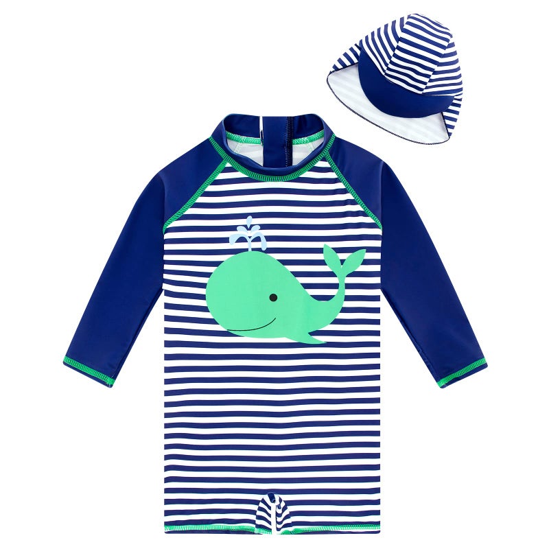 ADUKIDE Toddler Swimsuit Size 12-18 Months Baby Boy Whale One Piece Bathing Suit Rash Guard Zipper Sunsuit with Hat UV Protection - Image 1