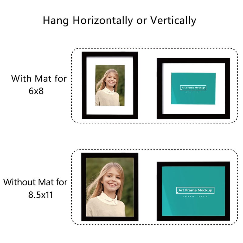 Picrit 8.5x11 Picture Frame Set of 4  Made of High Definition Real Glass  Display 6x8 with Mat or 8.5 x 11 Without Mat  Photo Frames for Wall Mounting or Table Top Display - Image 2