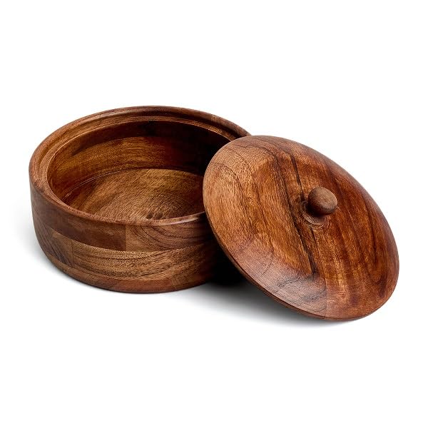 SAAGA Acacia Wood Roti Casserole for Kitchen - 8In Dia - Tableware & Serveware Round Hot Pot Chapati Dabba with Lid - Sage - Image 1