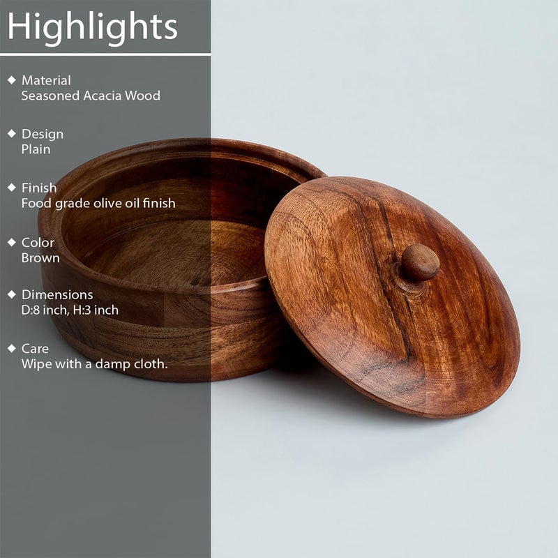 SAAGA Acacia Wood Roti Casserole for Kitchen - 8In Dia - Tableware & Serveware Round Hot Pot Chapati Dabba with Lid - Sage - Image 3