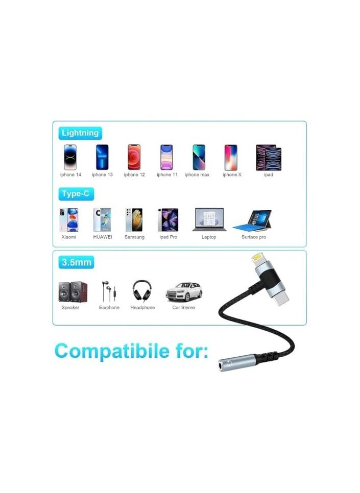 Lightning to 3.5 mm Headphone Jack Adapter, 2-IN-1 Headphone Adapter for iPhone Type C to 3.5mm Female Headphone Jack Adapter Compatible with Samsung Galaxy