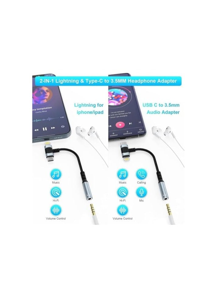 Lightning to 3.5 mm Headphone Jack Adapter, 2-IN-1 Headphone Adapter for iPhone Type C to 3.5mm Female Headphone Jack Adapter Compatible with Samsung Galaxy