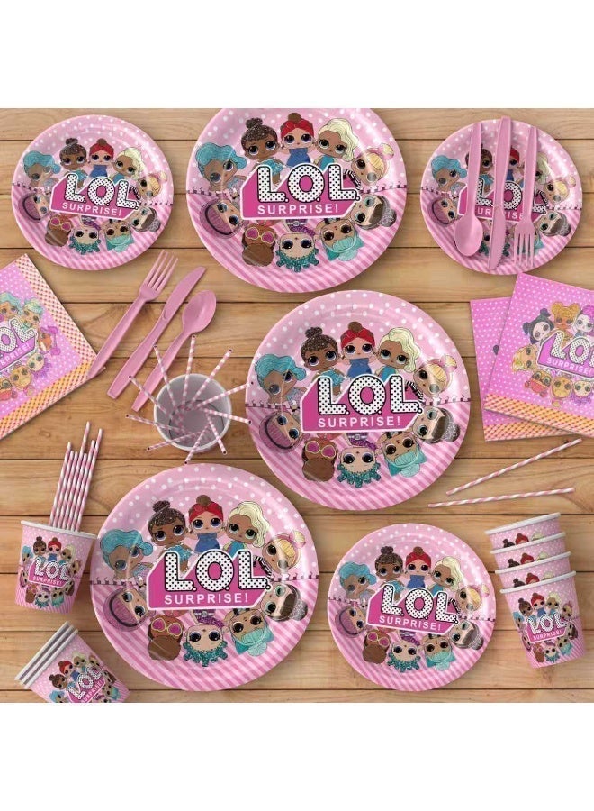 LOL Themed Birthday Party Supplies Kit, 212 Pieces, Tableware Set for 24 Guests – Plates, Cups, Napkins, Forks, Spoons, Knives, Straws, Balloons, Banner & Tablecloth - Image 3