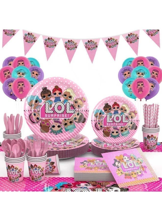 LOL Themed Birthday Party Supplies Kit, 212 Pieces, Tableware Set for 24 Guests – Plates, Cups, Napkins, Forks, Spoons, Knives, Straws, Balloons, Banner & Tablecloth - Image 1