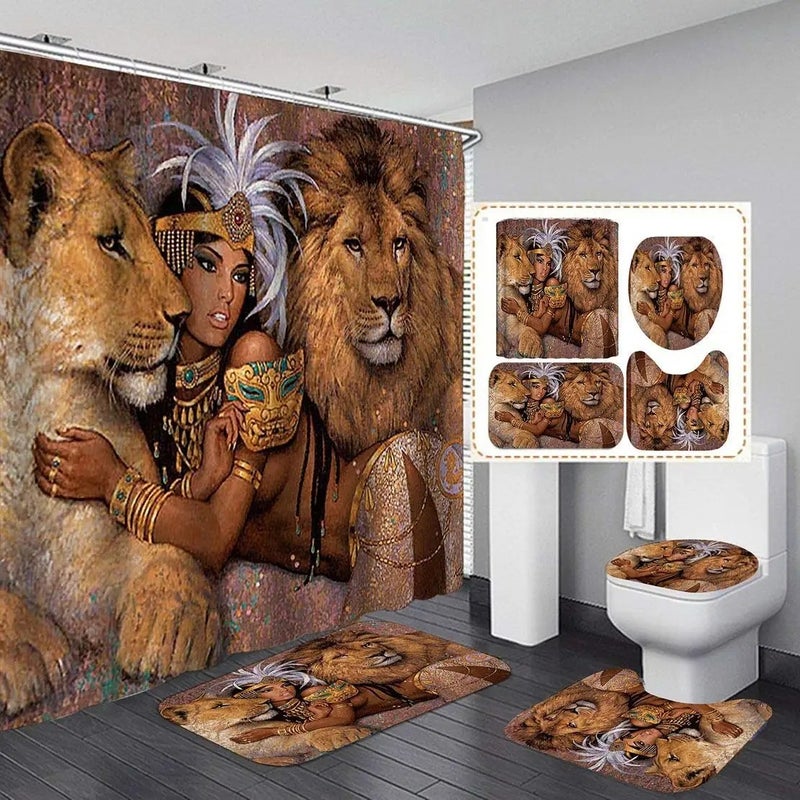 Y&D Hot Sale African Women 3D Digital Printing Style Bath Curtain 4 Pieces Waterproof Shower Curtain and Rug Set - Image 2