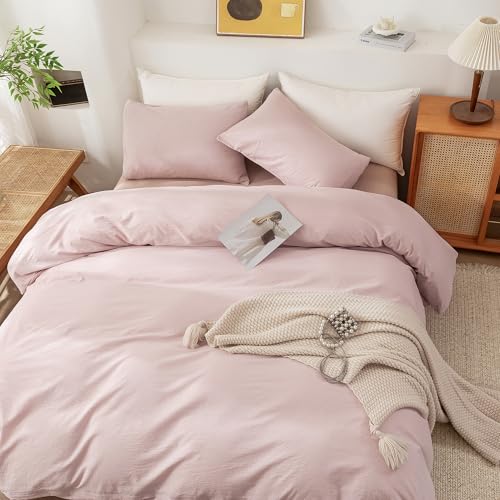 ECOCOTT Duvet Cover Queen Size - 100% Washed Cotton Durable Soft Comfy Duvet Cover Set, 3 Pieces Duvet Cover with Zipper Closure, No Comforter (Greyish Pink) - Image 3