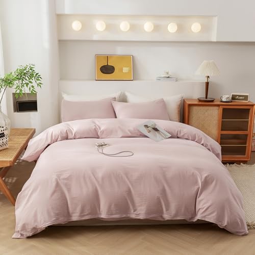 ECOCOTT Duvet Cover Queen Size - 100% Washed Cotton Durable Soft Comfy Duvet Cover Set, 3 Pieces Duvet Cover with Zipper Closure, No Comforter (Greyish Pink) - Image 1