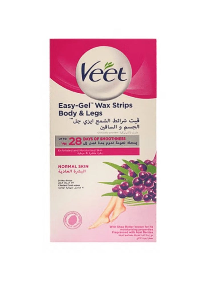 Veet Easy Gel Wax Strips Body And Legs For Normal Skin Hair Removal Moisturising Shea Butter 20 Strips - Image 1