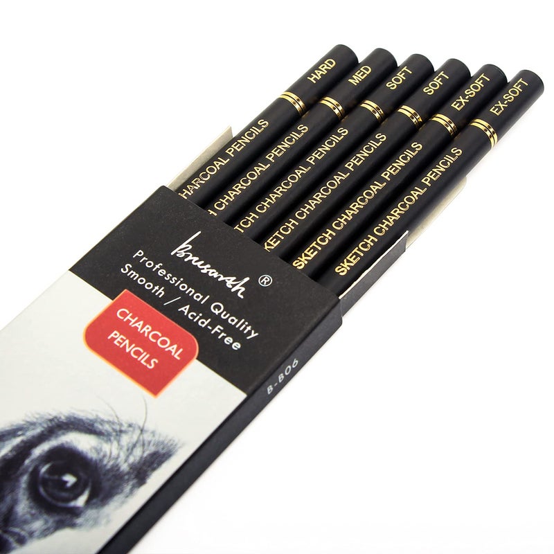 Brusarth Professional Charcoal Pencils Drawing Set - 6 Pieces Soft Medium and Hard Charcoal Pencils for Drawing, Sketching, Shading - Image 2