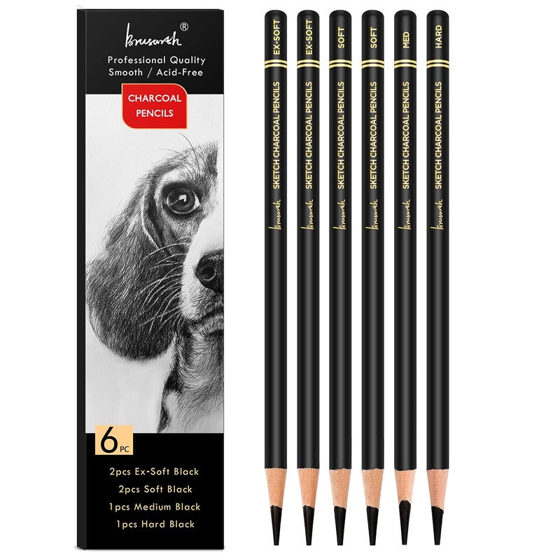 Brusarth Professional Charcoal Pencils Drawing Set - 6 Pieces Soft Medium and Hard Charcoal Pencils for Drawing, Sketching, Shading - Image 1