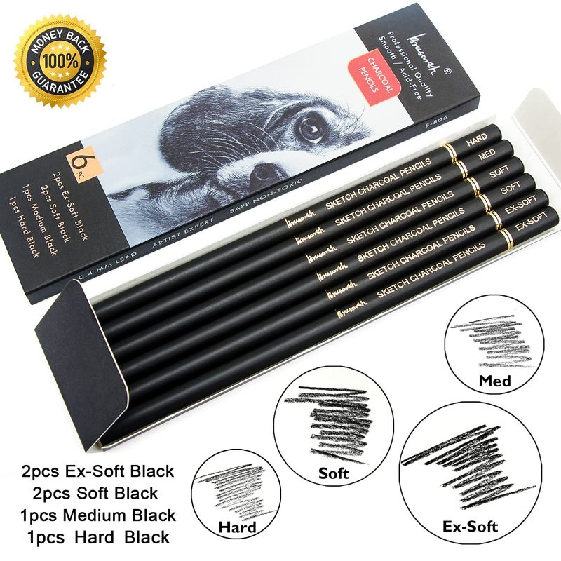 Brusarth Professional Charcoal Pencils Drawing Set - 6 Pieces Soft Medium and Hard Charcoal Pencils for Drawing, Sketching, Shading - Image 4