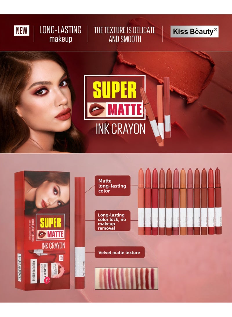Kiss Beauty 12Pcs Super Matte Ink Crayon Lipstick Pen Set, Long-Lasting Lip Makeup - Image 2