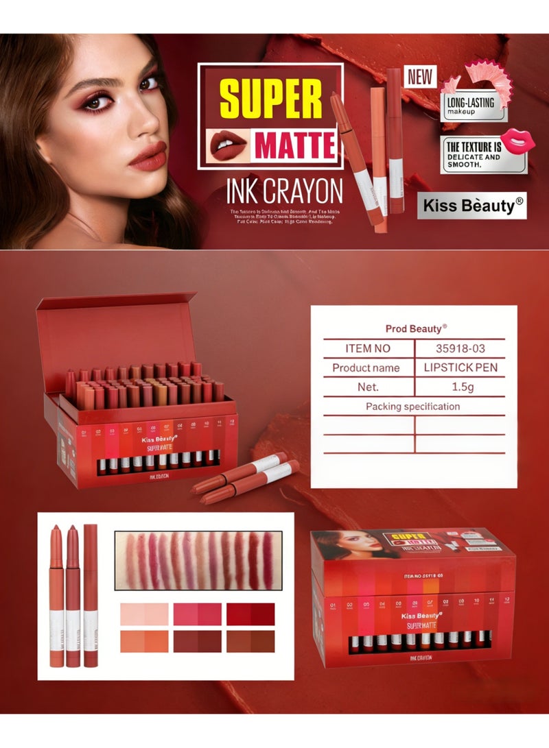 Kiss Beauty 12Pcs Super Matte Ink Crayon Lipstick Pen Set, Long-Lasting Lip Makeup - Image 3